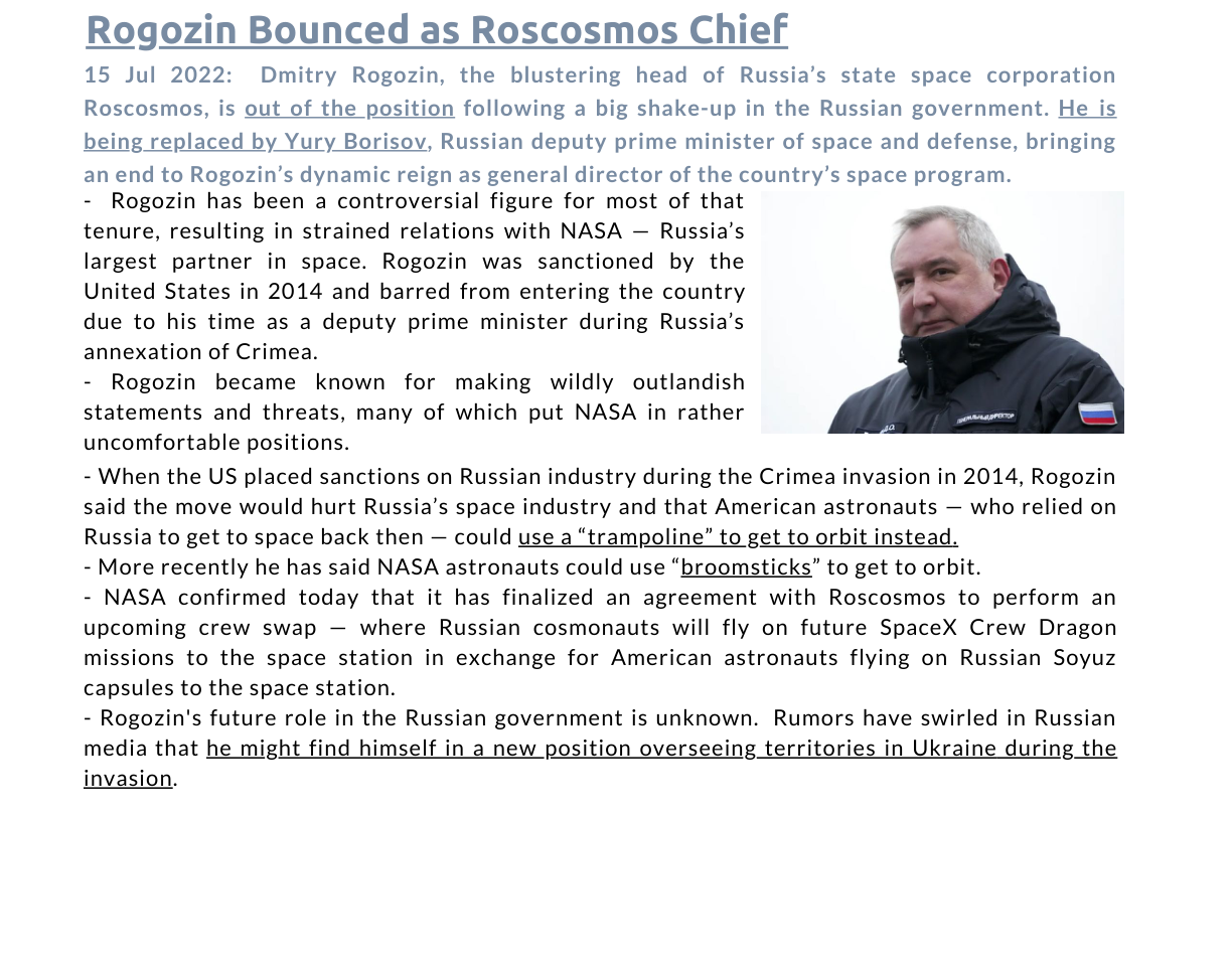 Rogozin Bounced as Roscosmos Chief